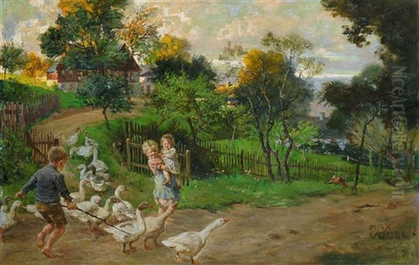 Kinder Mit Ganseschar Oil Painting by Heinrich Max Vogel