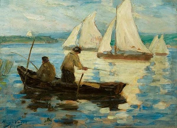 Angler Und Segelboote Auf Einem See Oil Painting by Hugo Vogel