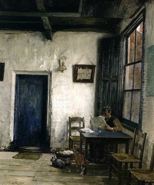 Lesender Mann In Einer Bauernstube Oil Painting by Hugo Vogel