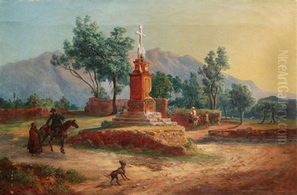 Sizilianische Landschaft Bei Palermo Mit Wegkreuz Und Staffage Oil Painting by Ludwig Vogel