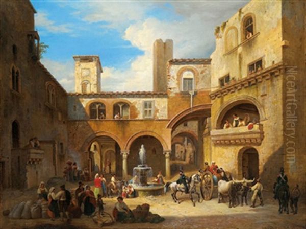 Reges Treiben Auf Einer Italienischen Piazza Oil Painting by Ludwig Vogel