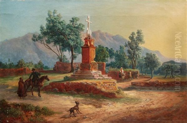 Sizilianische Landschaft Bei Palermo Mit Wegkreuz Und Staffage Oil Painting by Ludwig (Georg L.) Vogel