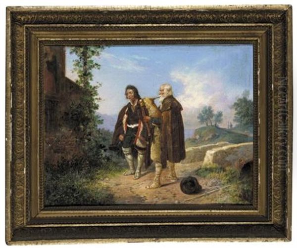 Two Peasants, One With Bagpipes By A Bridge (zwei Bauern Mit Dudelsack Nahe Einer Brucke) Oil Painting by Ludwig (Georg L.) Vogel