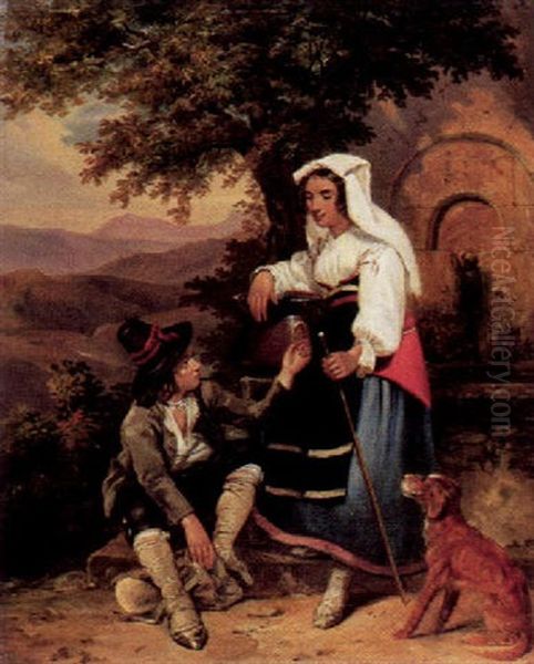 Die Rast Am Brunnen Oil Painting by Ludwig (Georg L.) Vogel