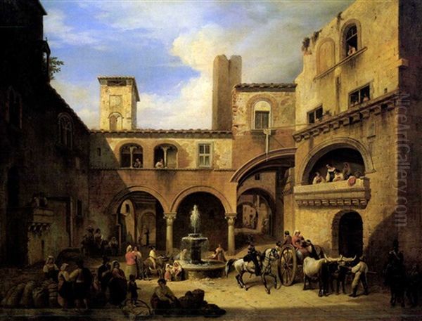 A Piazza, Rome Oil Painting by Ludwig (Georg L.) Vogel