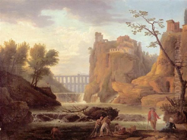 Italienische Landschaft In Klassischer Auffassung Mit Wasserfall, Felsenstadt Und Viadukt Oil Painting by Melchior Vogel