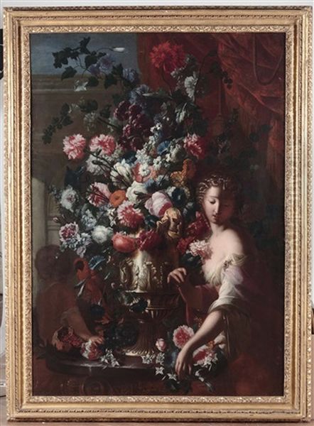 Trionfo Di Fiori In Un Vaso Dargento, Una Donna E Un Bimbo Di Spalle Oil Painting by Karel van Vogelaer