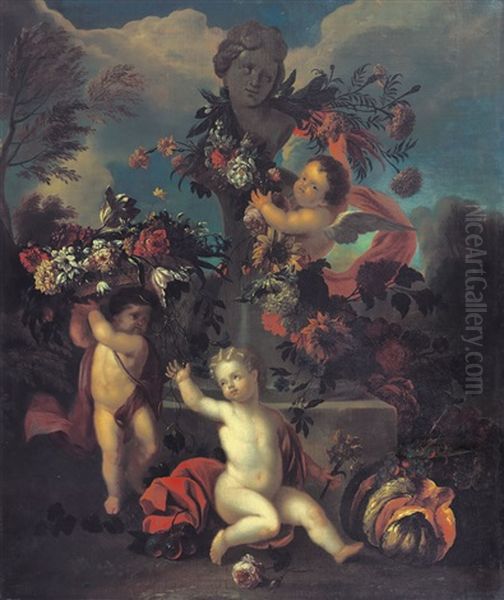 Giardino Con Putti E Fiori Oil Painting by Karel van Vogelaer