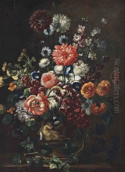 Poppies, Convolvulus, Foxgloves And Other Flowers In A Sculpted Urn On A Plinth Oil Painting by Karel van Vogelaer