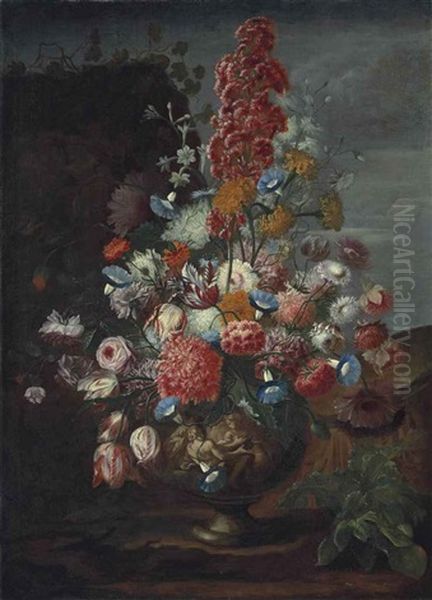 Carnations, Convolvulus, Tuberoses, Parrot Tulips, Roses And Other Flowers In A Sculpted Urn, In A Landscape Oil Painting by Karel van Vogelaer