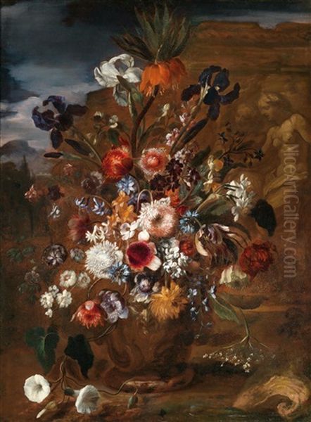 Blumenstillleben Mit Lilien, Narzissen, Winden Und Einer Kaiserkrone In Einer Vase Vor Einem Steinrelief Oil Painting by Karel van Vogelaer