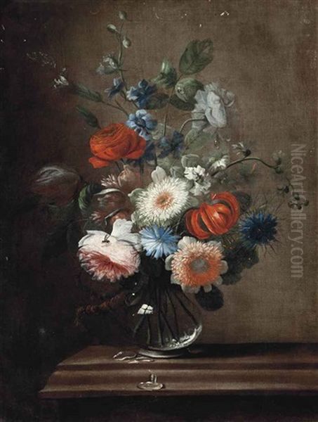 Roses, A Tulip, Corn Flowers, A Lilly And Hollyhocks In A Glass Vase On A Stone Ledge Oil Painting by Karel van Vogelaer