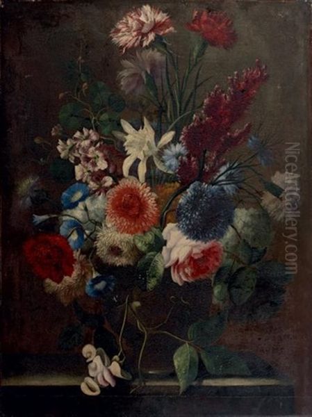 Bouquet De Fleurs Dans Un Vase Pose Sur Un Entablement Oil Painting by Karel van Vogelaer