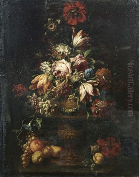 Bouquet De Fleurs Dans Un Vase A Piedouche Avec Des Fruits Oil Painting by Karel van Vogelaer