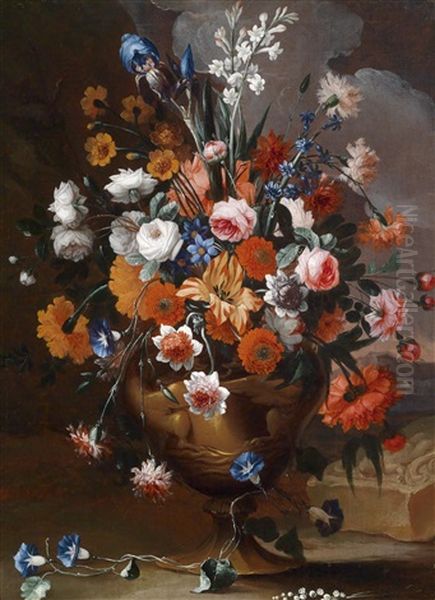 Ein Stillleben Aus Pfingstrosen, Rosen, Lilien, Tulpen, Narzissen Und Anderen Blumen Oil Painting by Karel van Vogelaer