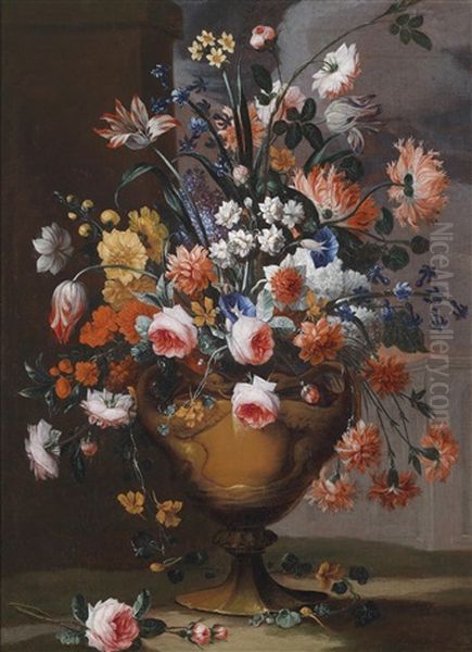 Blumenstillleben Von Pfingstrosen, Rosen, Lilien, Tulpen, Narzissen Und Anderen Blumen Oil Painting by Karel van Vogelaer