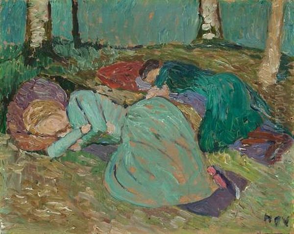 Martha Vogeler Und Paula Modersohn-becker Im Garten Schlafend Oil Painting by Heinrich Vogeler