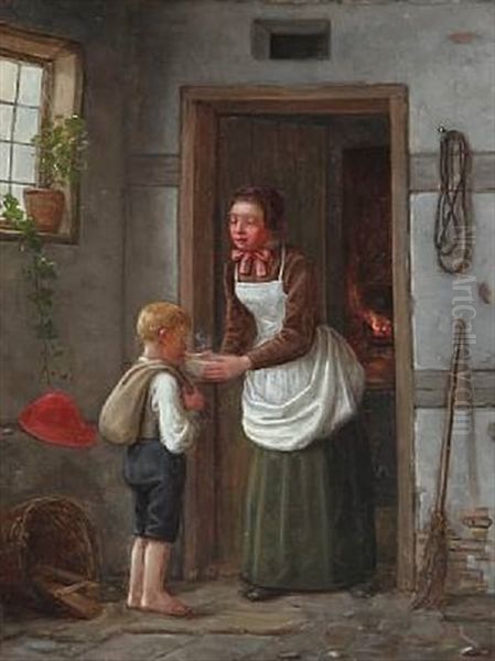 Interior With Mother And Son In A Doorway Oil Painting by Christian Rudolph Vogelsang