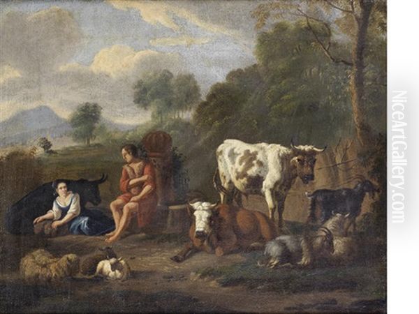 Drovers Resting With Their Flocks In An Italianate Landscape Oil Painting by Isaac Vogelsang