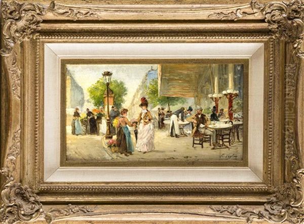 Pariser Strasenszene Mit Einer Dame Beim Blumenkauf Vor Einer Cafehaus-terrasse Oil Painting by Paul Vogler