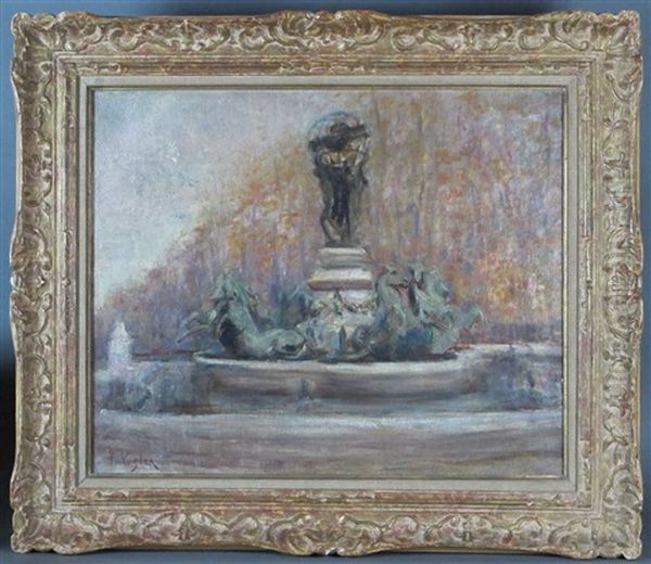 La Fontaine De L'observatoire Avec En Arriere-plan Les Jardins Du Luxembourg Oil Painting by Paul Vogler