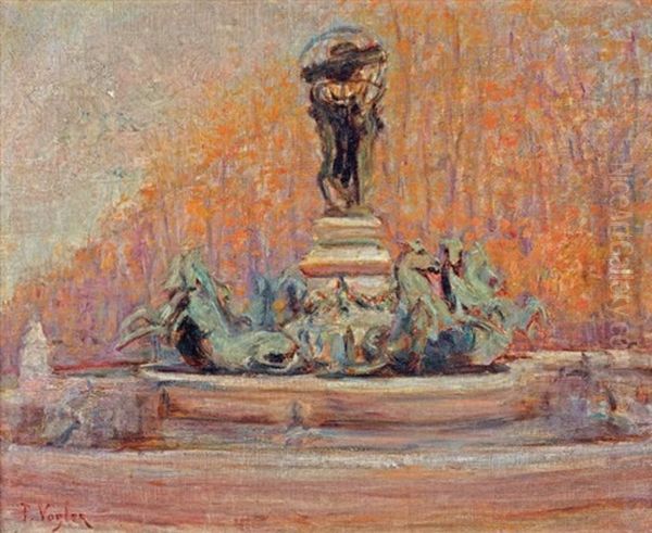 La Fontaine De L'observatoire Avec En Arriere-plan Les Jardins Du Luxembourg Oil Painting by Paul Vogler