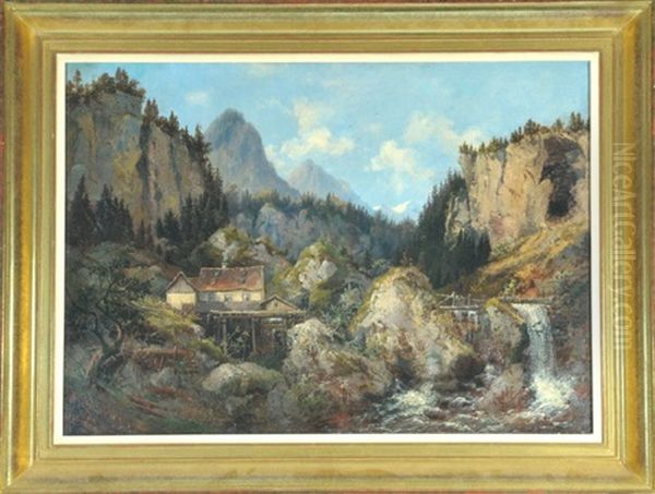 Berghutte Mit Muhle Am Wildbach In Felsiger Gebirgslandschaft Oil Painting by Adam Vogt