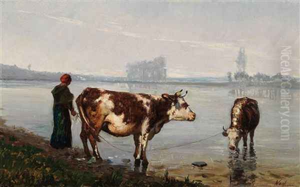 Cattle Watering Oil Painting by Adolphe Vogt