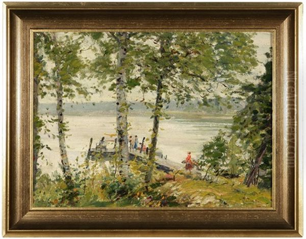 Island Near Cedar Point, Lake Mackinac, Michigan, Figures On A Dock Oil Painting by Louis Charles Vogt