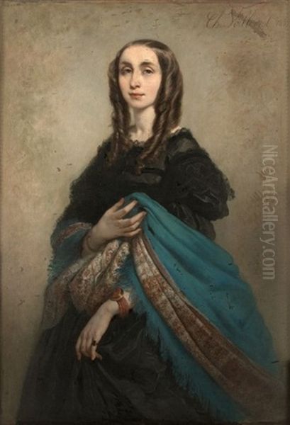 Portait D'elegante Au Chale Oil Painting by Andre Charles Voillemot