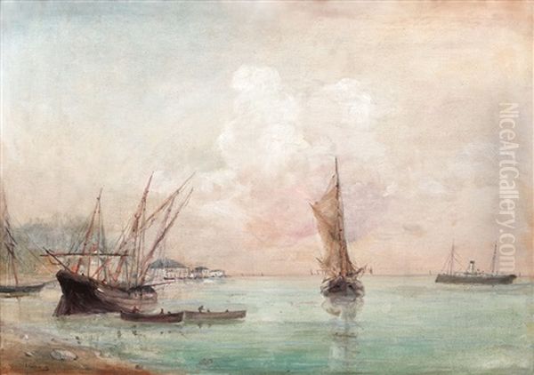 Corabii In Port Oil Painting by Eugen (Cean) Voinescu