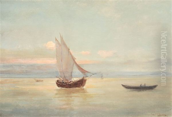 Boats At Sunset Oil Painting by Eugen (Cean) Voinescu