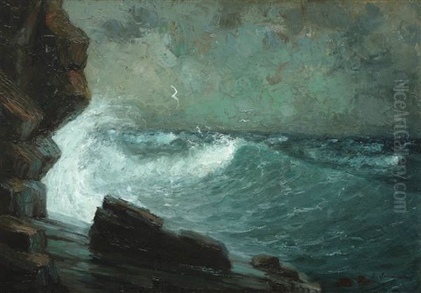 Storm Near Cape Caliacra Oil Painting by Eugen (Cean) Voinescu