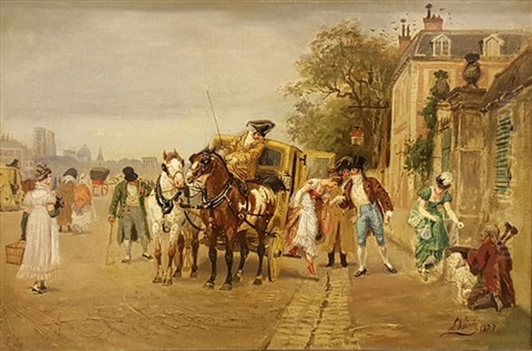 Franzosische Strasenszene Mit Kutsche Und Vornehmen Damen Oil Painting by Leon Joseph Voirin