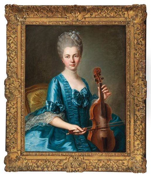 A Young Lady In A Light-blue Silk Dress Playing A Violin Oil Painting by Guillaume Voiriot