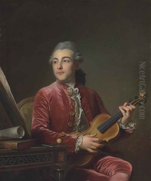 Portrait Of A Gentleman, Half-length, Seated In A Red Velvet Jacket With A Violin Oil Painting by Guillaume Voiriot