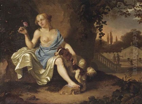 A Classical Park Landscape With A Seated Lady Dressed As A Nymph And Her Dog Oil Painting by Ary de Vois