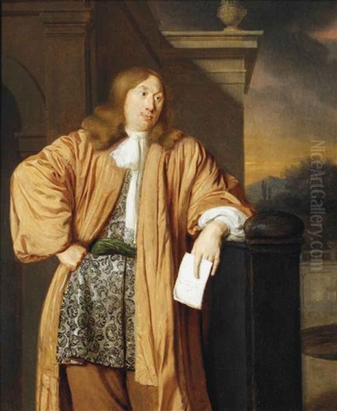 Portrait Of A Gentleman, Three-quarter-length, In An Orange Silk Japonse Rok Over An Embroided Dressing Gown, Holding A Letter And Leaning... Oil Painting by Ary de Vois