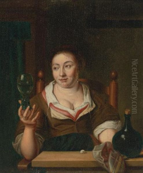 Young Woman Holding A Glass Of Wine Oil Painting by Ary de Vois