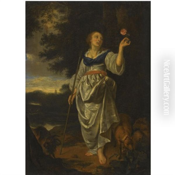 A Shepherdess Oil Painting by Ary de Vois