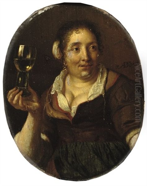 A Peasant Woman Holding A Glass Of Wine Oil Painting by Ary de Vois