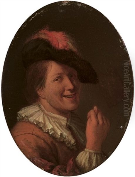 A Man In A Plumed Hat Making An Obscene Gesture Oil Painting by Ary de Vois