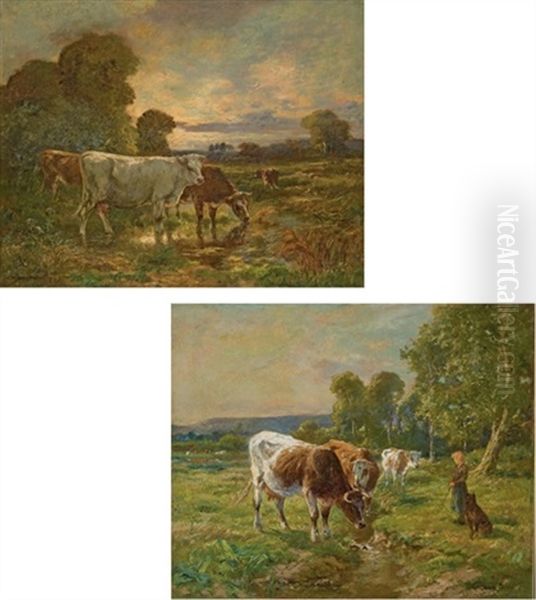 Vaches Dans Un Pre (2 Works) Oil Painting by Adrien Gabriel Voisard-Margerie