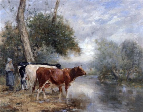 Vaches Au Bord De La Riviere Pres D'orbec Oil Painting by Adrien Gabriel Voisard-Margerie