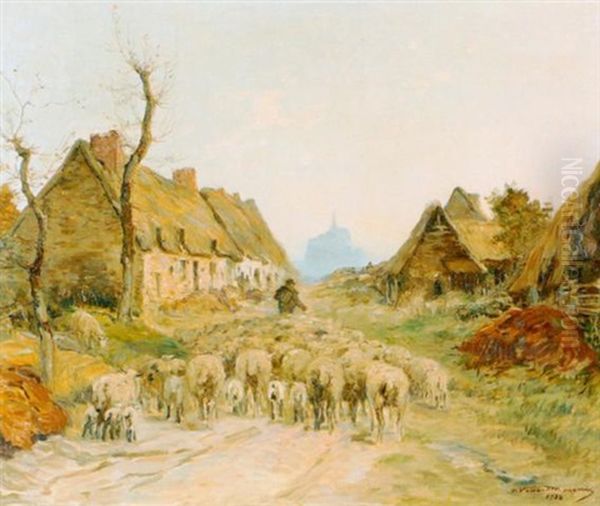 Village De La Rive Oil Painting by Adrien Gabriel Voisard-Margerie