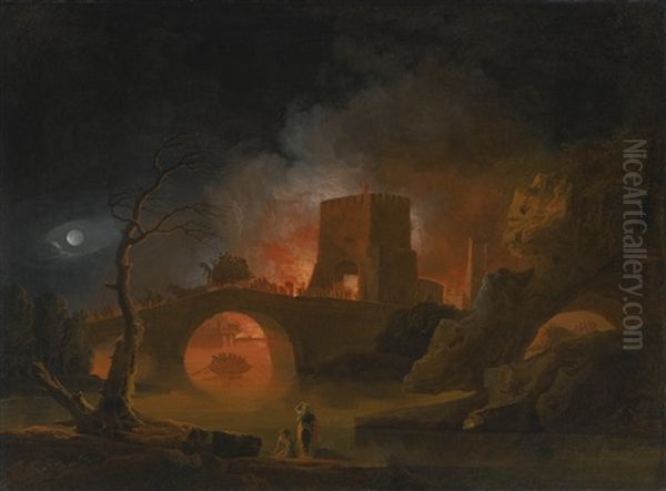 A Moonlit River Landscape With Figures Fleeing A Burning City Oil Painting by Pierre Jacques Volaire