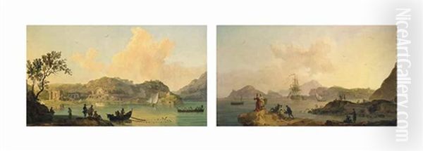 Baiae With The Temples Of Venus And Diana From The Fortress Of Don Pedro De Toledo; And The Fortress Of Don Pedro De Toledo From The Campi Flegrei, Capo Miseno And Ischia Beyond Oil Painting by Pierre Jacques Volaire