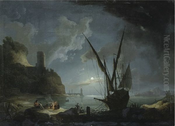 Scene De Port Mediterraneen Au Clair De Lune Oil Painting by Pierre Jacques Volaire