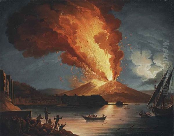 The Bay Of Naples At Night With Mount Vesuvius Erupting Oil Painting by Pierre Jacques Volaire