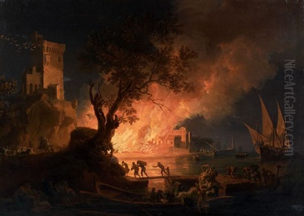 Incendie Dans Un Port Aux Environs De Naples Oil Painting by Pierre Jacques Volaire